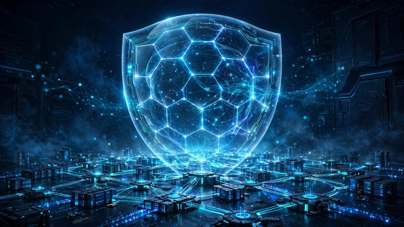 Glowing blue AI shield protecting a digital network, visualizing how AI cybersecurity tools protect you from online threats.