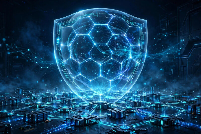 Glowing blue AI shield protecting a digital network, visualizing how AI cybersecurity tools protect you from online threats.