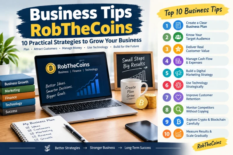 Business Tips RobTheCoins infographic featuring business planning, customer retention, cash