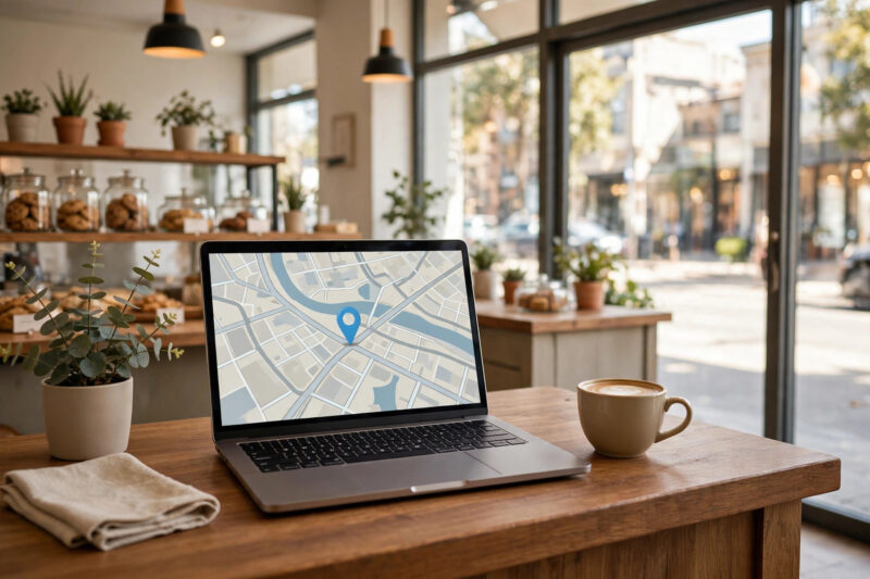 A small business storefront counter with a laptop showing a map, illustrating this local SEO for small business beginner's guide.
