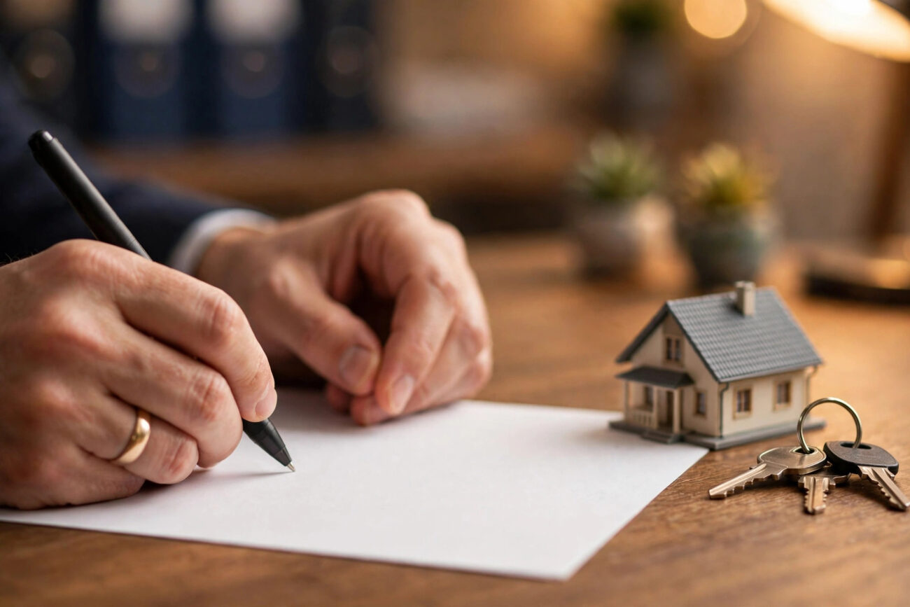 Hands signing home insurance binder paperwork beside a model house and keys, showing how to get an insurance binder fast.