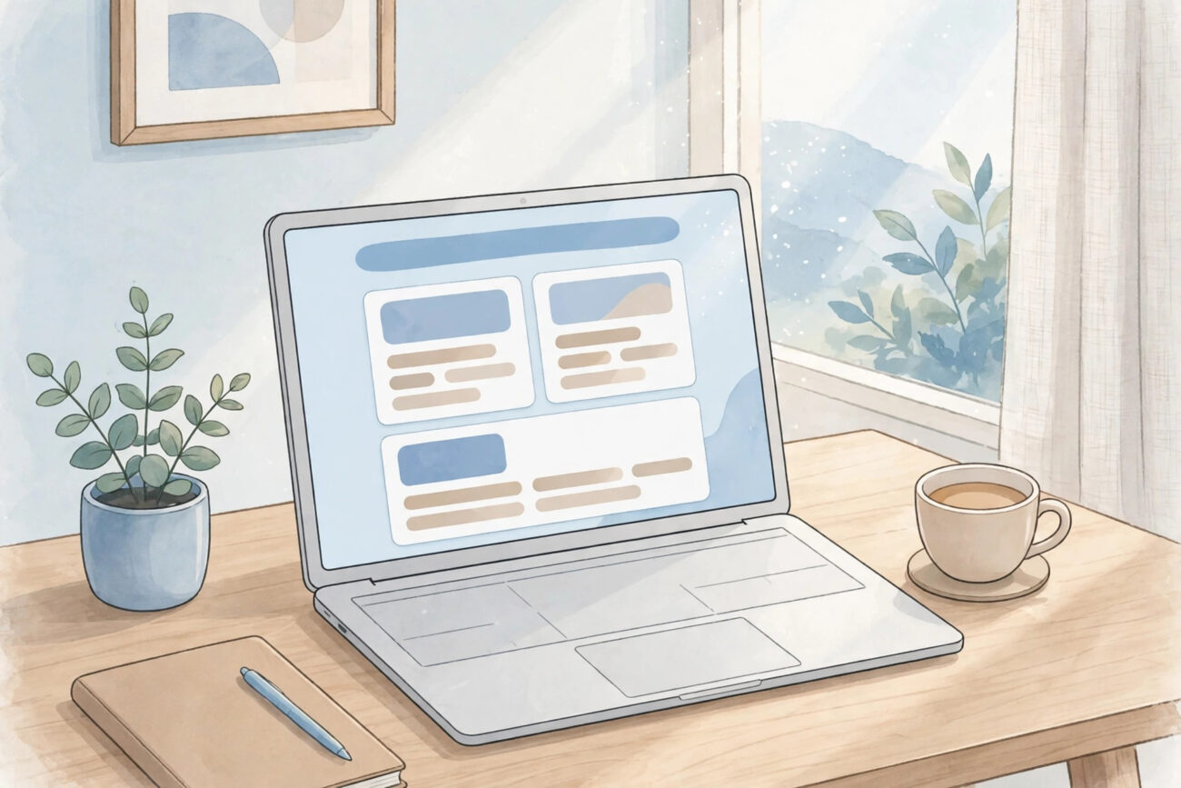 A laptop showing a simple blog homepage, illustrating what quikconsole com actually looks like.