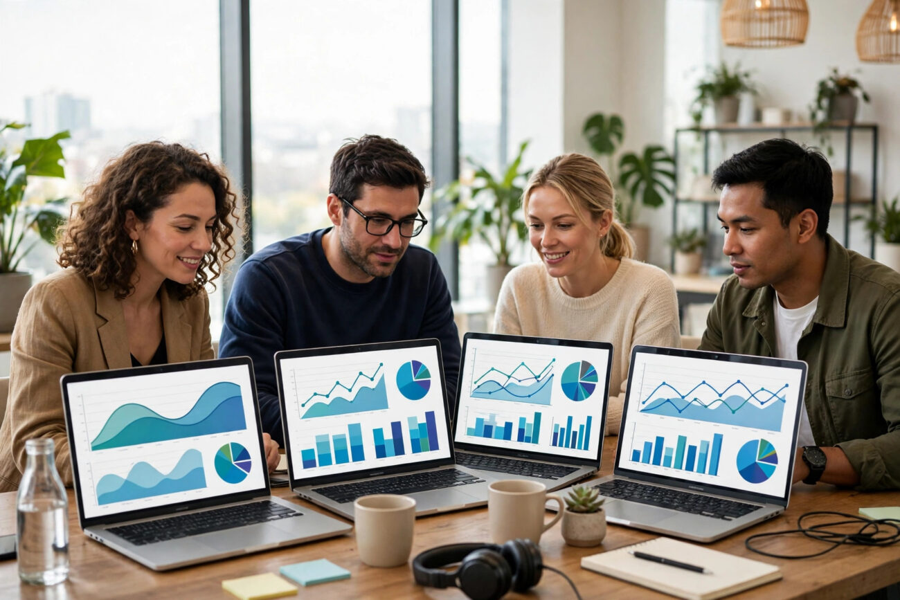 A digital marketing team reviewing website growth charts, explaining what team aelftech.com offers.