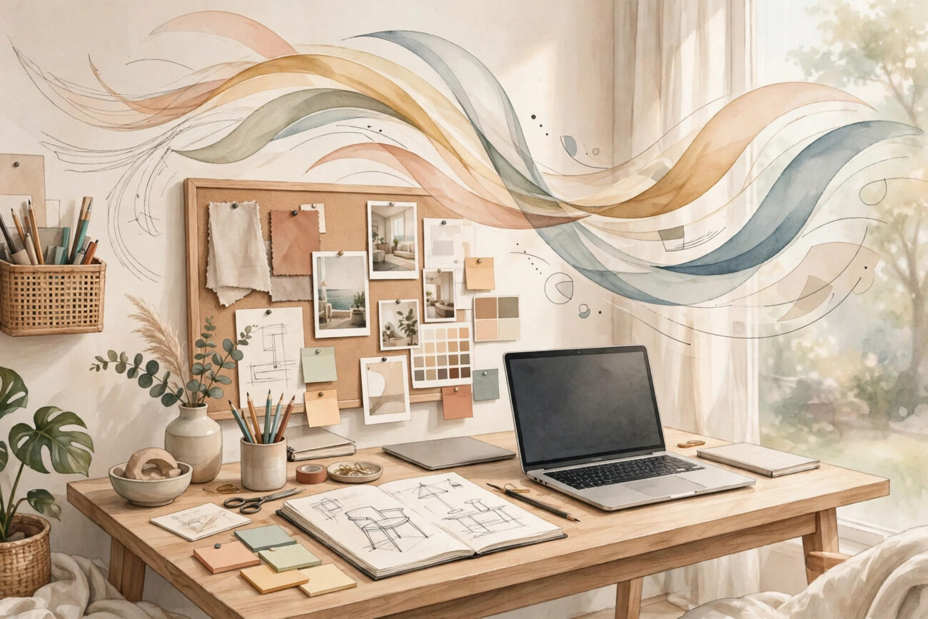 A creative workspace with mood boards and a laptop illustrating the flexible zvodeps workflow framework.